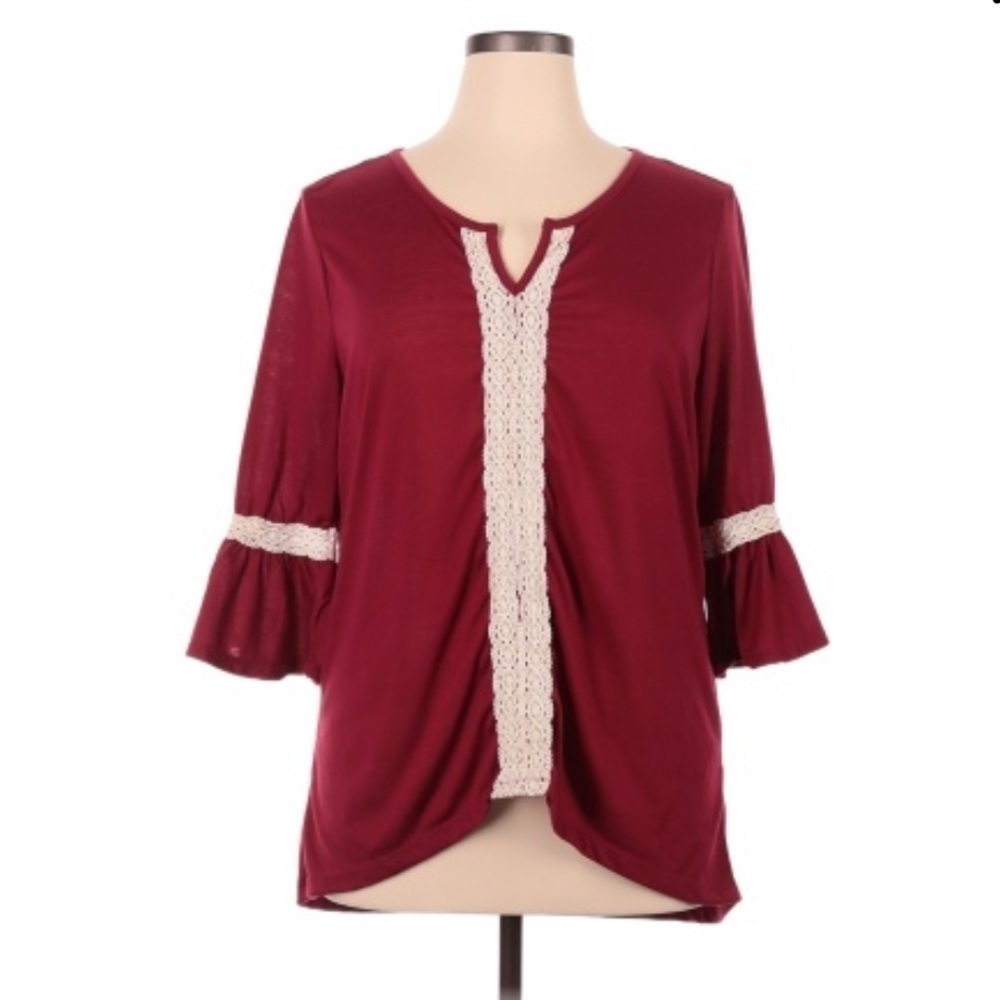 KAREN Brooks Red High Low 3/4 Sleeve Blouse with Lace Detail Size M